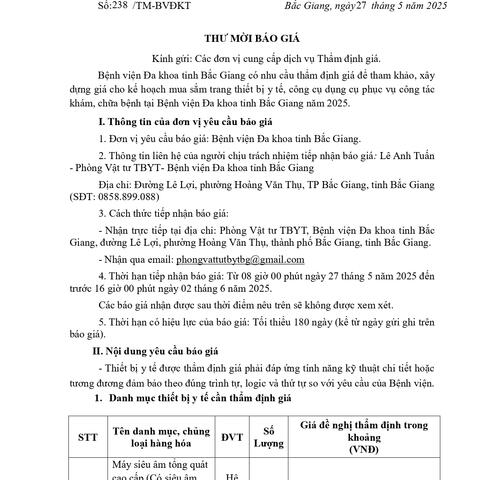 Thư mời báo giá số 238